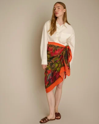 The True Summer Gold cotton silk pareo by Ilona Tambor featuring tigers, zebras, lemurs, birds, fish, water lilies and tropical foliage