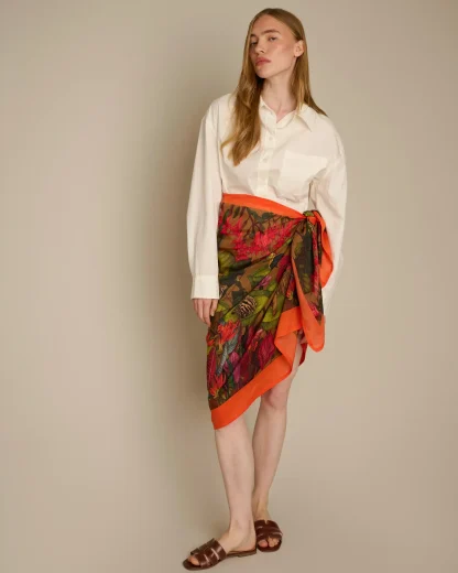 The True Summer Gold cotton silk pareo by Ilona Tambor featuring tigers, zebras, lemurs, birds, fish, water lilies and tropical foliage