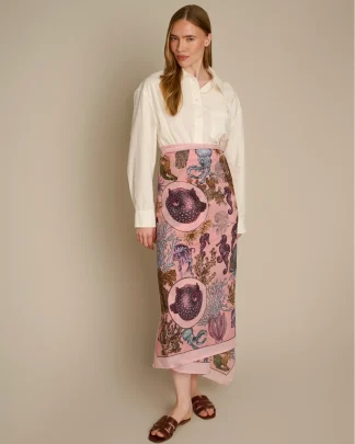 The Sea Life Pink cotton silk pareo by Ilona Tambor featuring hand-drawn puffer fish, lionfish and coral illustration
