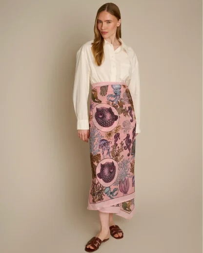 The Sea Life Pink cotton silk pareo by Ilona Tambor featuring hand-drawn puffer fish, lionfish and coral illustration