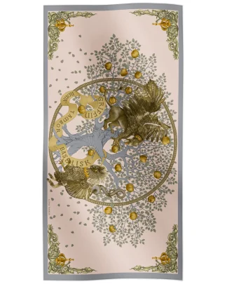 Cotton silk scarf beige with griffin and basilisk design, Ilona Tambor