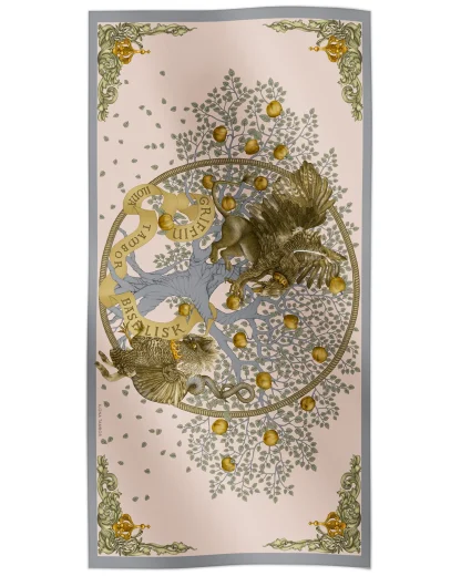 Cotton silk scarf beige with griffin and basilisk design, Ilona Tambor