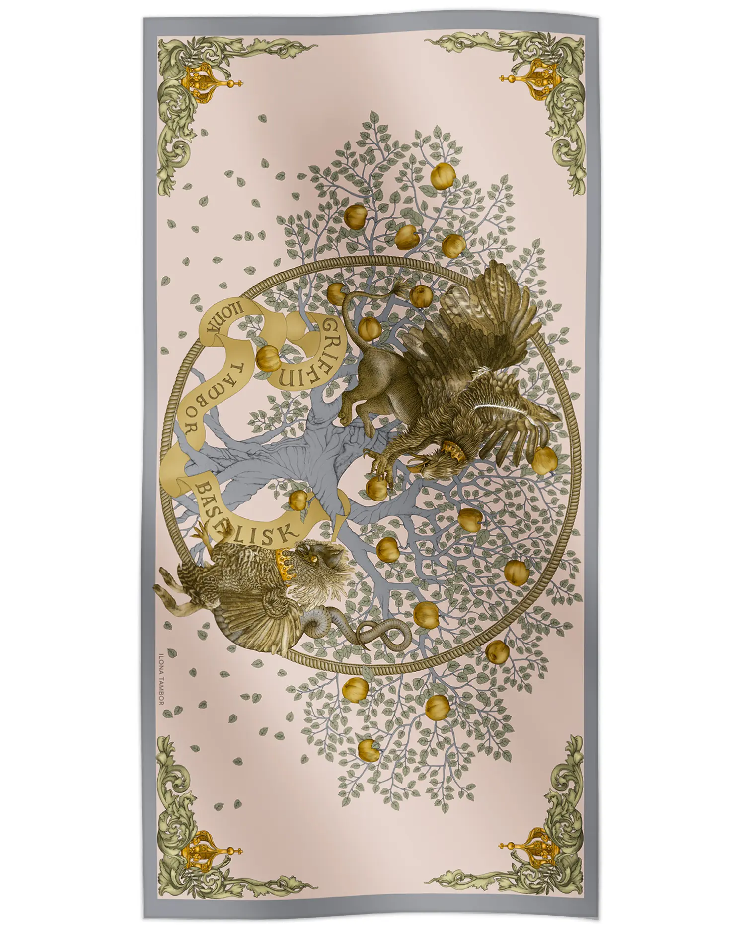 Cotton silk scarf beige with griffin and basilisk design, Ilona Tambor