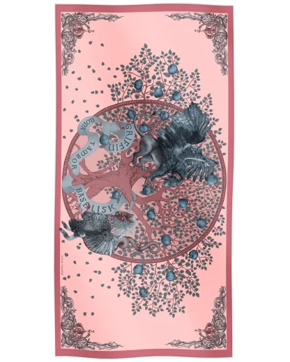 Cotton silk scarf pink with griffin and basilisk design, Ilona Tambor