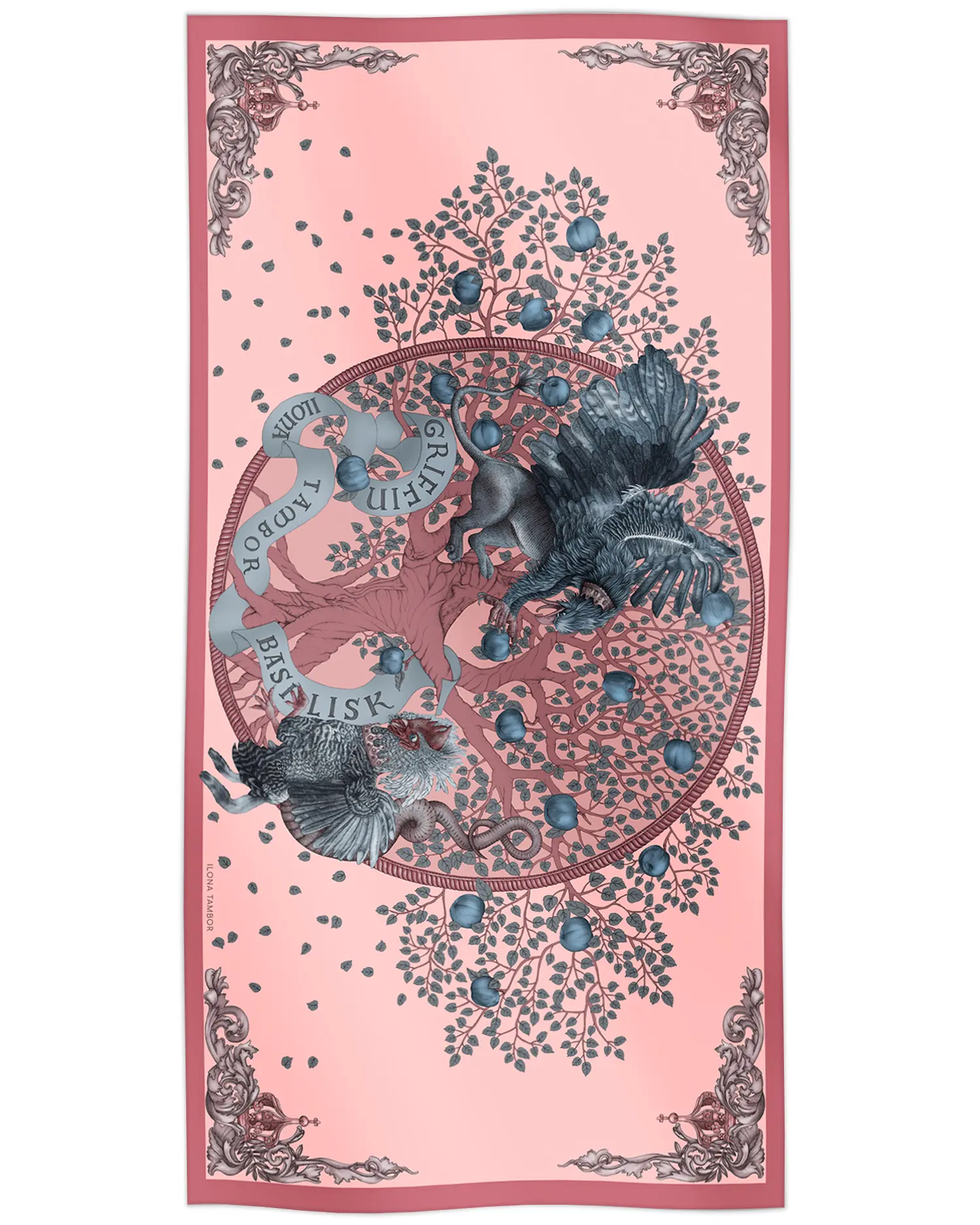 Cotton silk scarf pink with griffin and basilisk design, Ilona Tambor