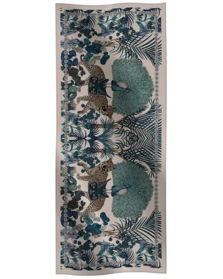 Cotton silk scarf green with peacock and leopard jungle design, Ilona Tambor