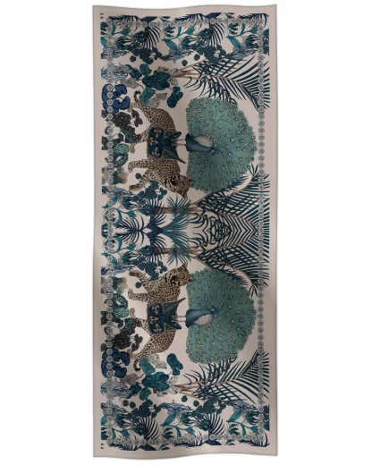 Cotton silk scarf green with peacock and leopard jungle design, Ilona Tambor