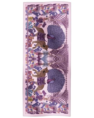 Cotton silk scarf purple with peacock and leopard jungle design, Ilona Tambor