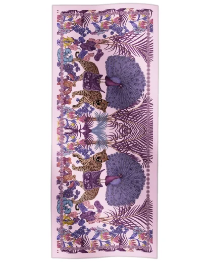 Cotton silk scarf purple with peacock and leopard jungle design, Ilona Tambor