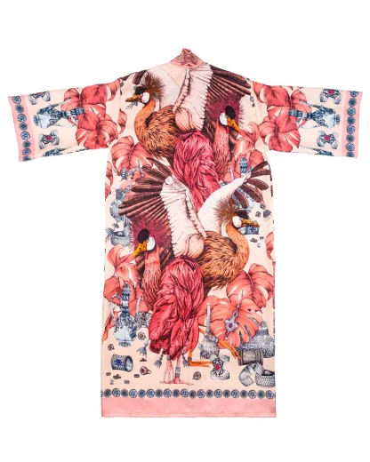 Silk Kimono Robe The Grand Treasure Of African Crowned Crane Pink - Image 6