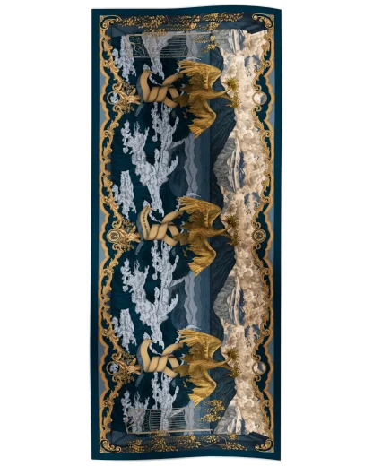 Cotton silk scarf navy blue with golden birds and Lake Como inspired design, Ilona Tambor
