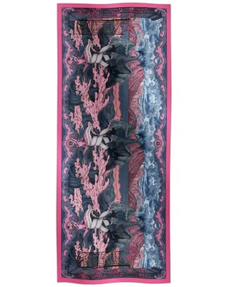 Cotton silk scarf pink with golden birds and Lake Como inspired design, Ilona Tambor