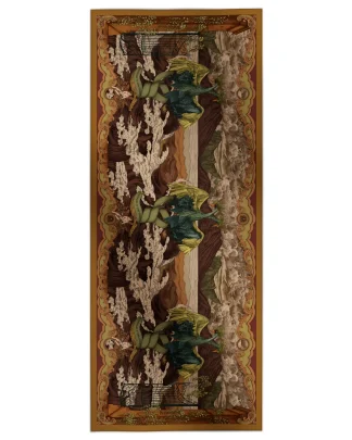 Cotton silk scarf verdant gold with golden birds and Lake Como inspired design, Ilona Tambor
