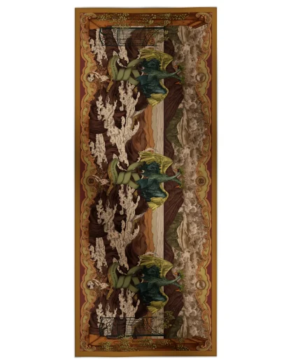 Cotton silk scarf verdant gold with golden birds and Lake Como inspired design, Ilona Tambor