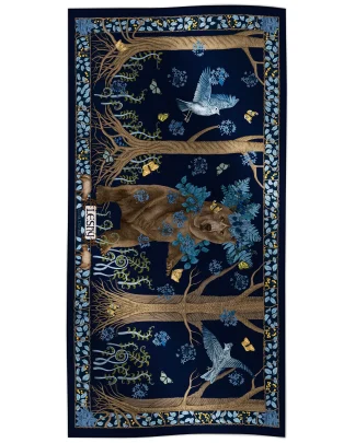 Cotton silk scarf navy blue with bear and forest design, Ilona Tambor