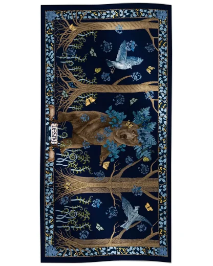 Cotton silk scarf navy blue with bear and forest design, Ilona Tambor