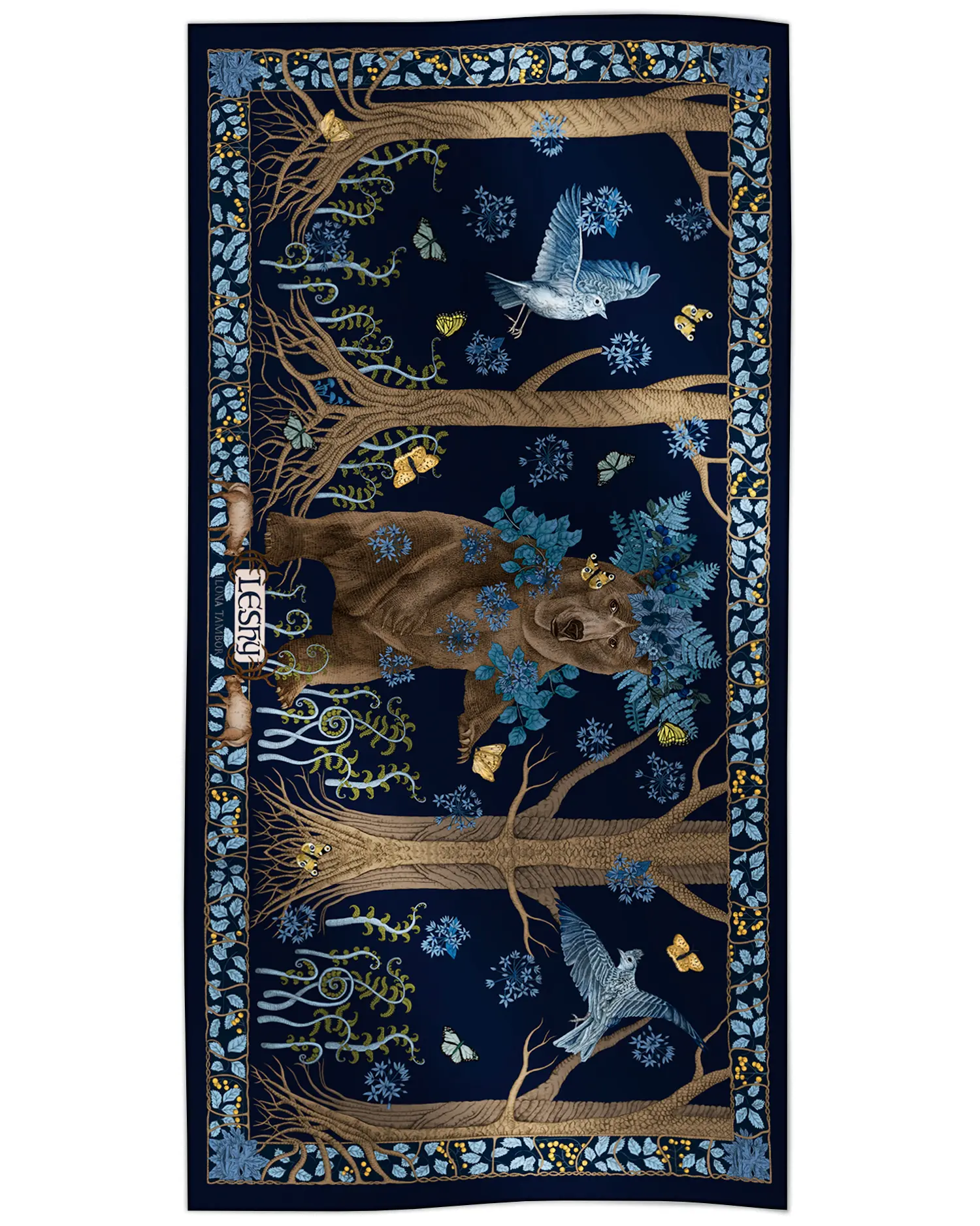 Cotton silk scarf navy blue with bear and forest design, Ilona Tambor