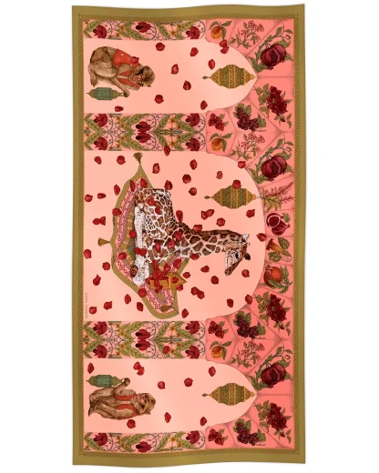Cotton silk scarf dusky pink with giraffe on ornamental carpet design, Ilona Tambor