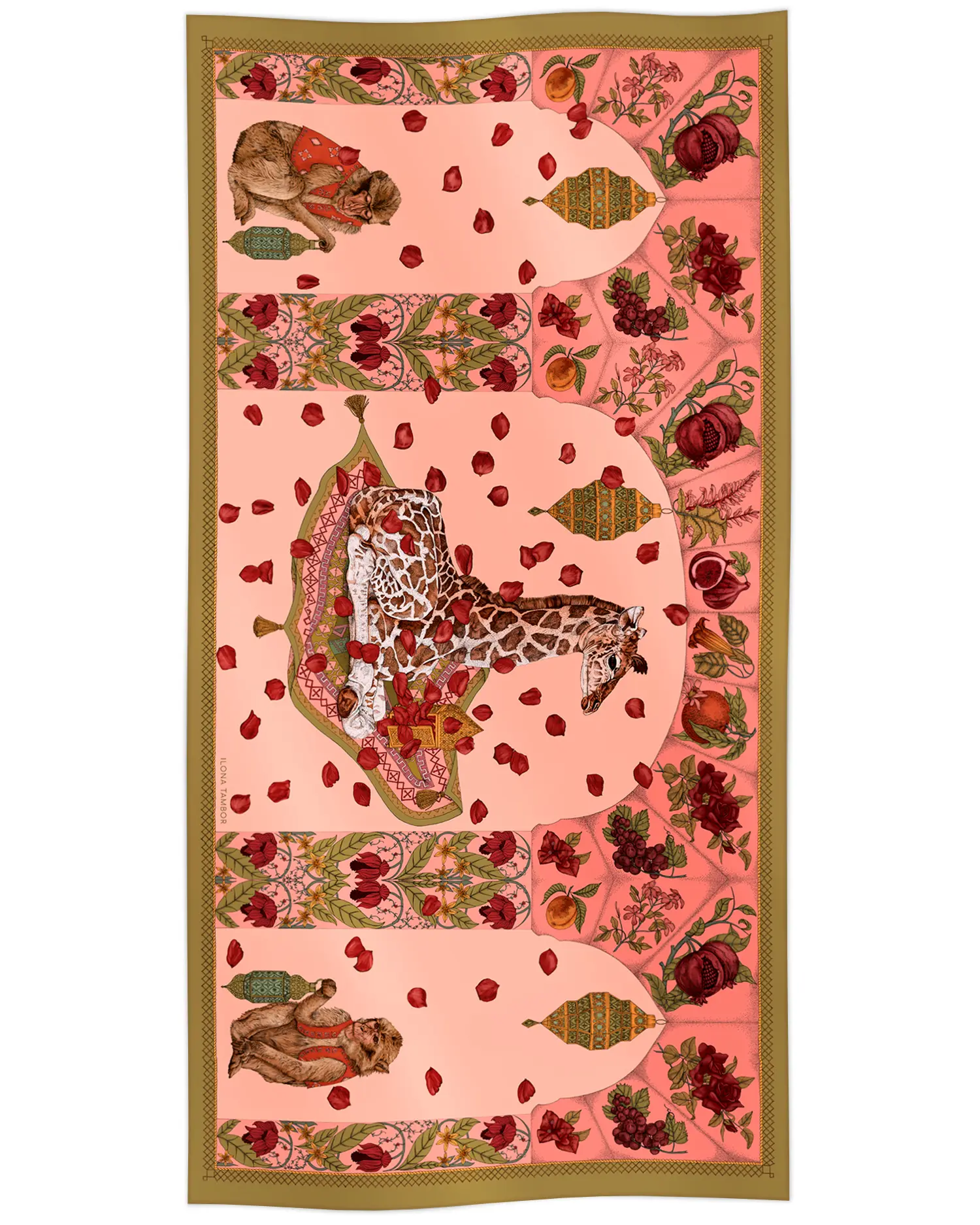 Cotton silk scarf dusky pink with giraffe on ornamental carpet design, Ilona Tambor