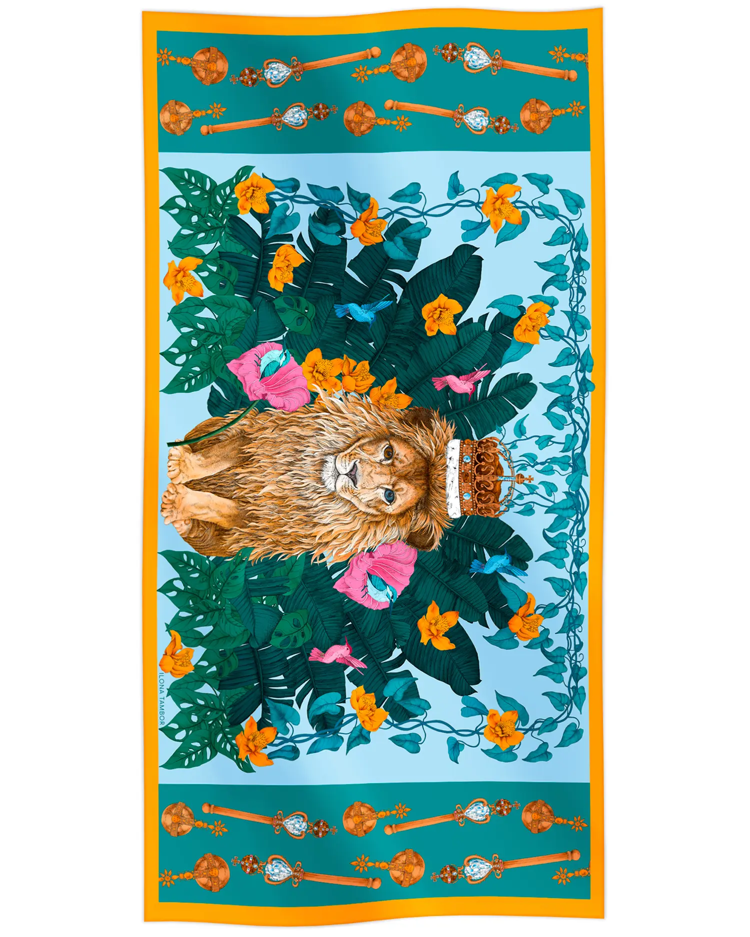 Cotton silk scarf blue with crowned lion design, Ilona Tambor