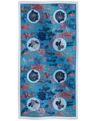 Cotton silk scarf blue with sea life design featuring fish, jellyfish and coral, Ilona Tambor