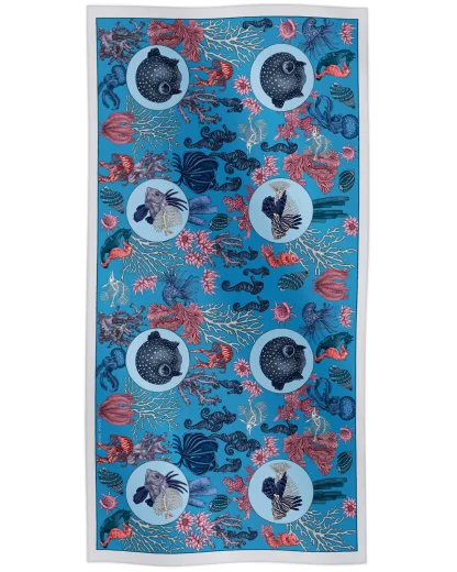 Cotton silk scarf blue with sea life design featuring fish, jellyfish and coral, Ilona Tambor