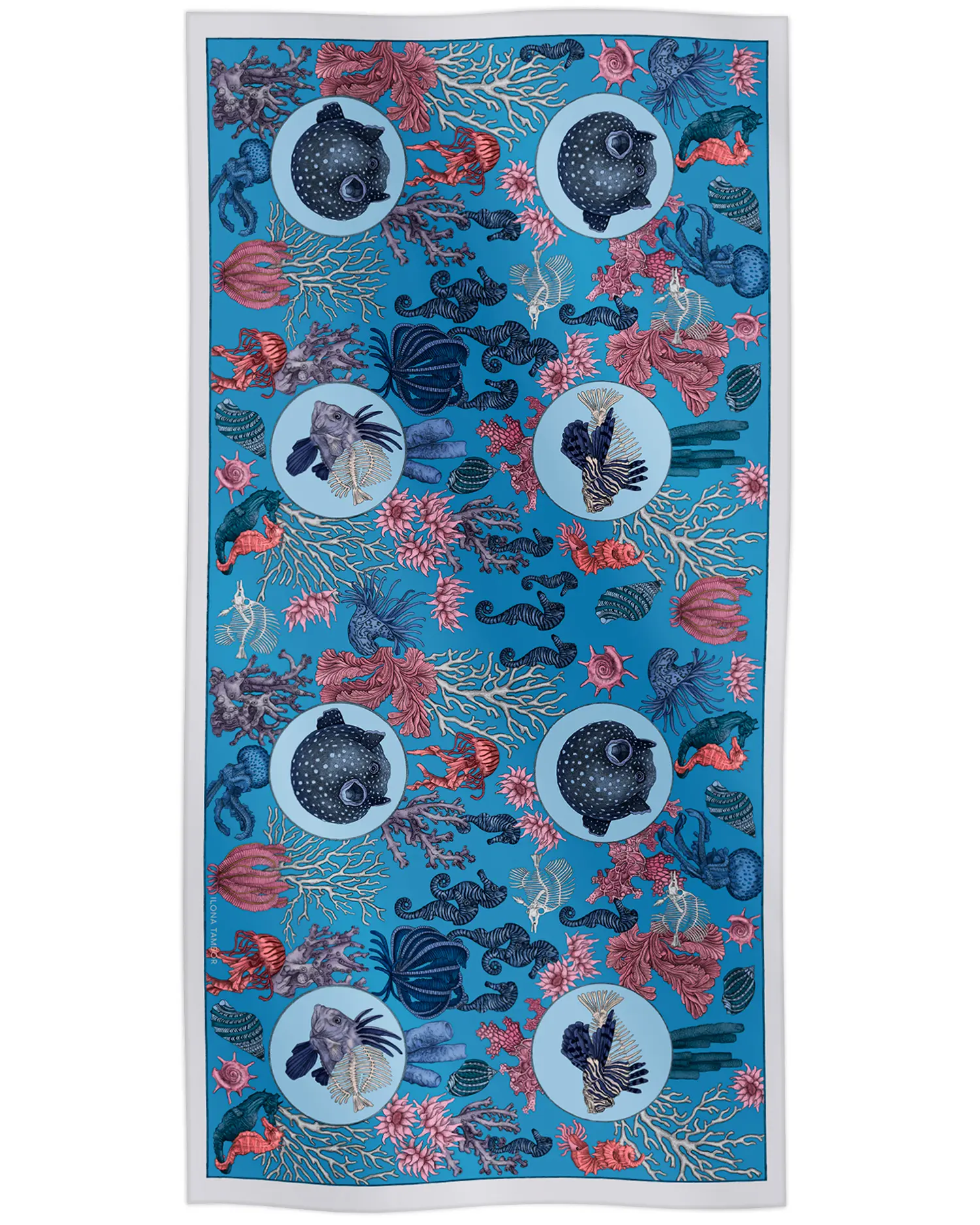Cotton silk scarf blue with sea life design featuring fish, jellyfish and coral, Ilona Tambor