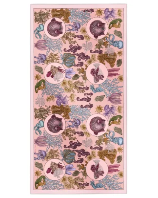 Cotton silk scarf pink with sea life and coral design, Ilona Tambor