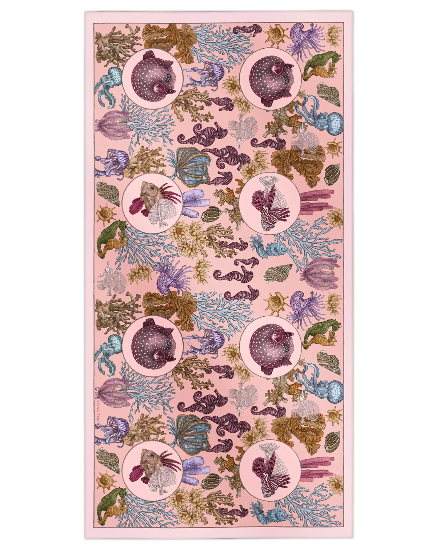 Cotton silk scarf pink with sea life and coral design, Ilona Tambor
