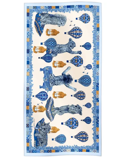 Cotton silk scarf blue with cats and hot air balloons design, Ilona Tambor