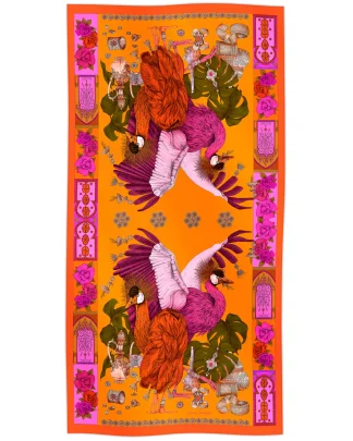 Cotton silk scarf orange with African crowned crane design, Ilona Tambor