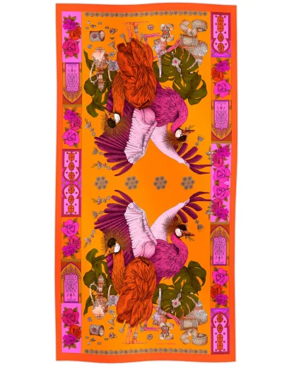 Cotton silk scarf orange with African crowned crane design, Ilona Tambor