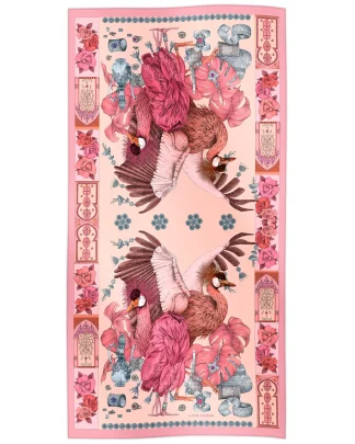 Cotton silk scarf pink with African crowned crane design, Ilona Tambor