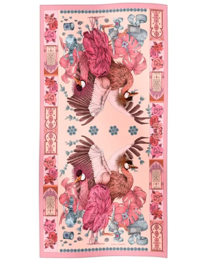 Cotton silk scarf pink with African crowned crane design, Ilona Tambor