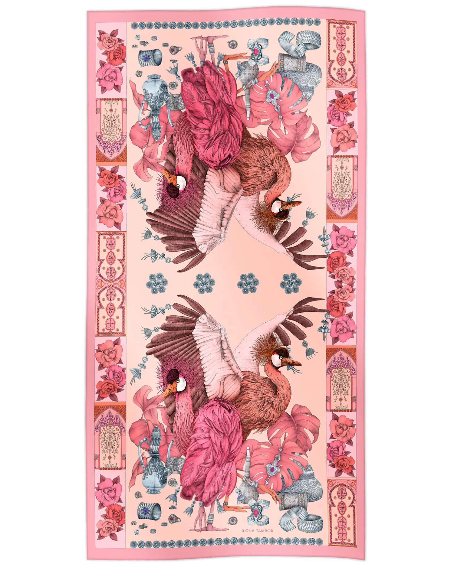 Cotton silk scarf pink with African crowned crane design, Ilona Tambor