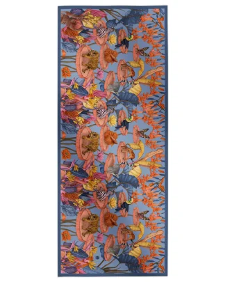 Cotton silk scarf blue with tropical animals and floral design, Ilona Tambor