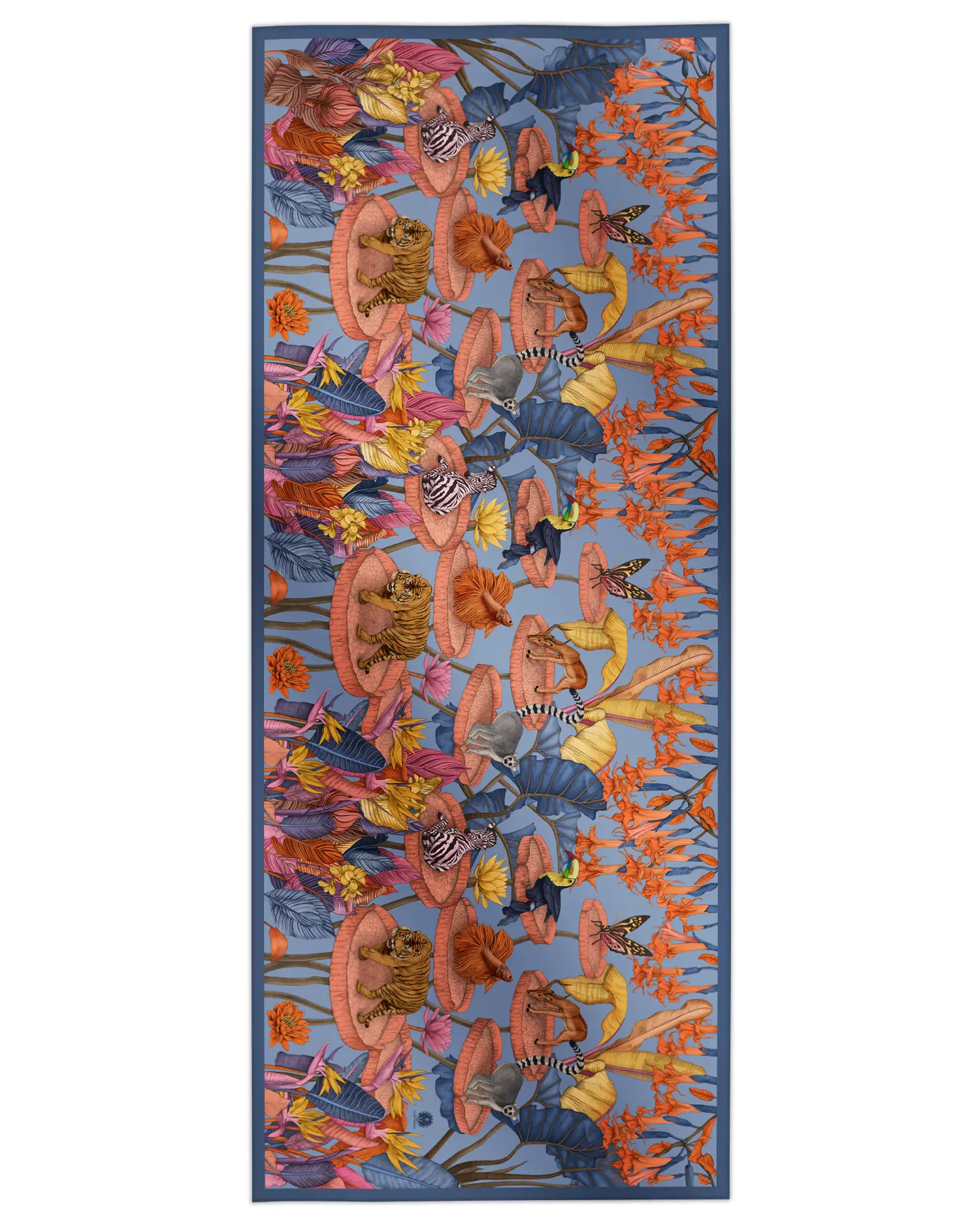 Cotton silk scarf blue with tropical animals and floral design, Ilona Tambor