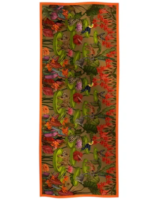 Cotton silk scarf gold with tropical animals and floral design, Ilona Tambor