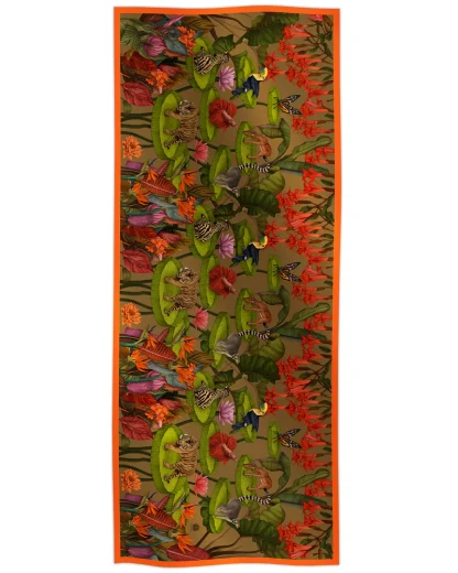 Cotton silk scarf gold with tropical animals and floral design, Ilona Tambor