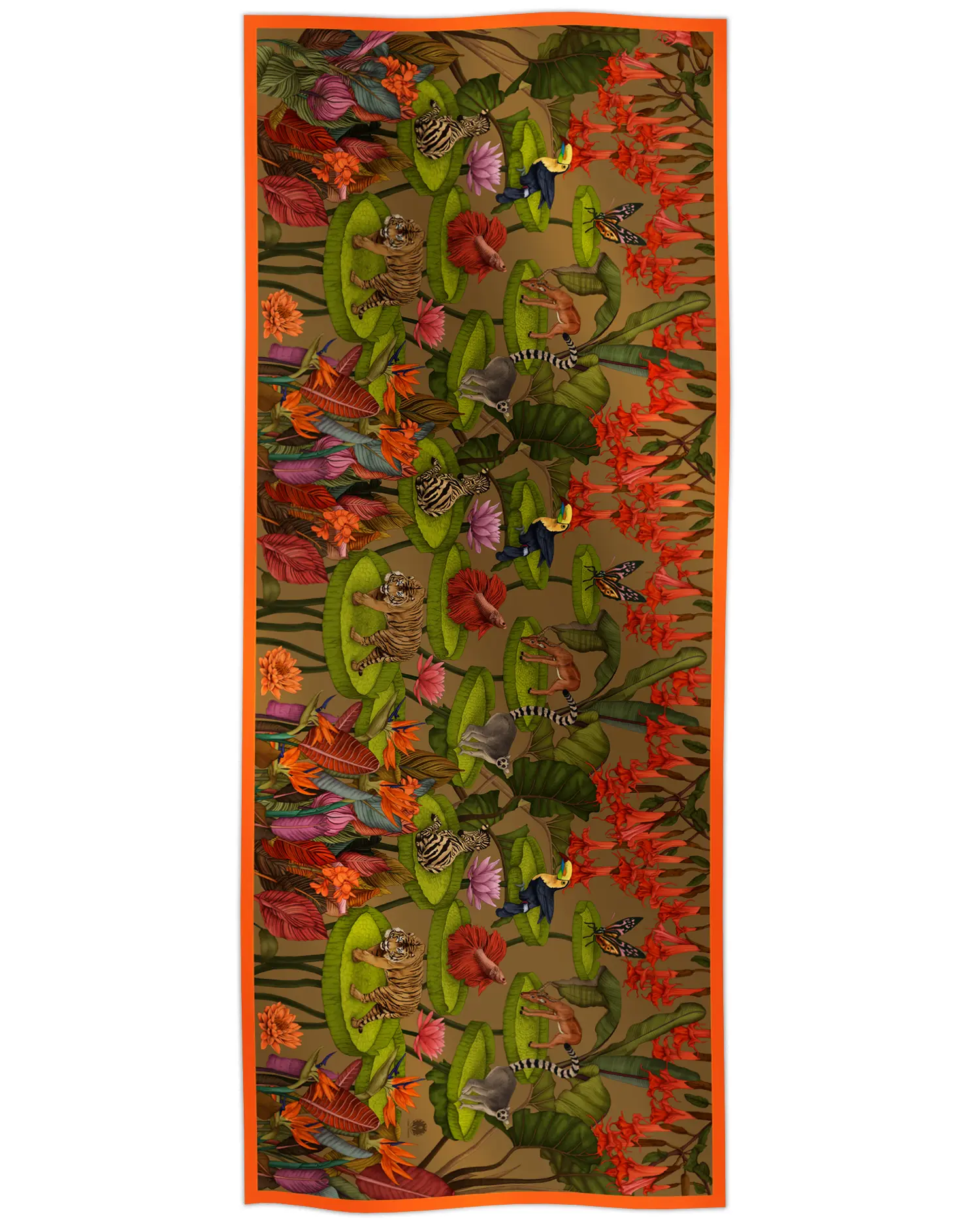 Cotton silk scarf gold with tropical animals and floral design, Ilona Tambor