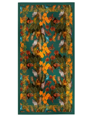 Cotton silk scarf emerald green with tropical flowers and birds design, Ilona Tambor