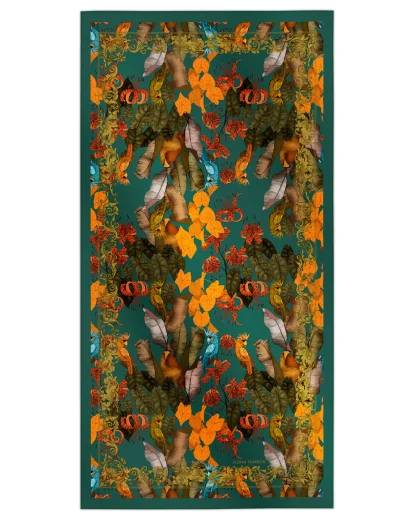 Cotton silk scarf emerald green with tropical flowers and birds design, Ilona Tambor