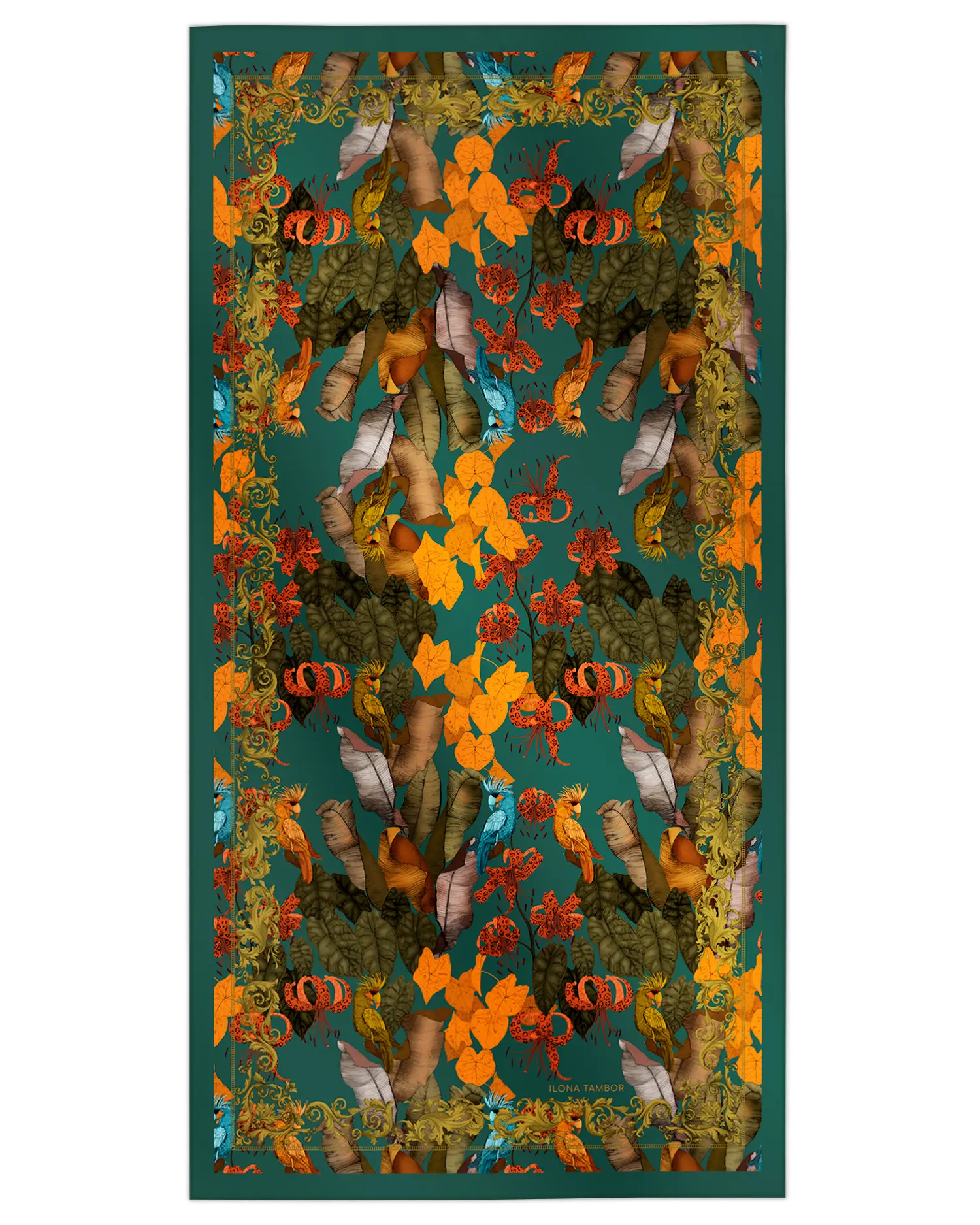 Cotton silk scarf emerald green with tropical flowers and birds design, Ilona Tambor