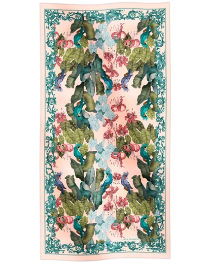 Cotton silk scarf pink with tropical flowers and birds design, Ilona Tambor