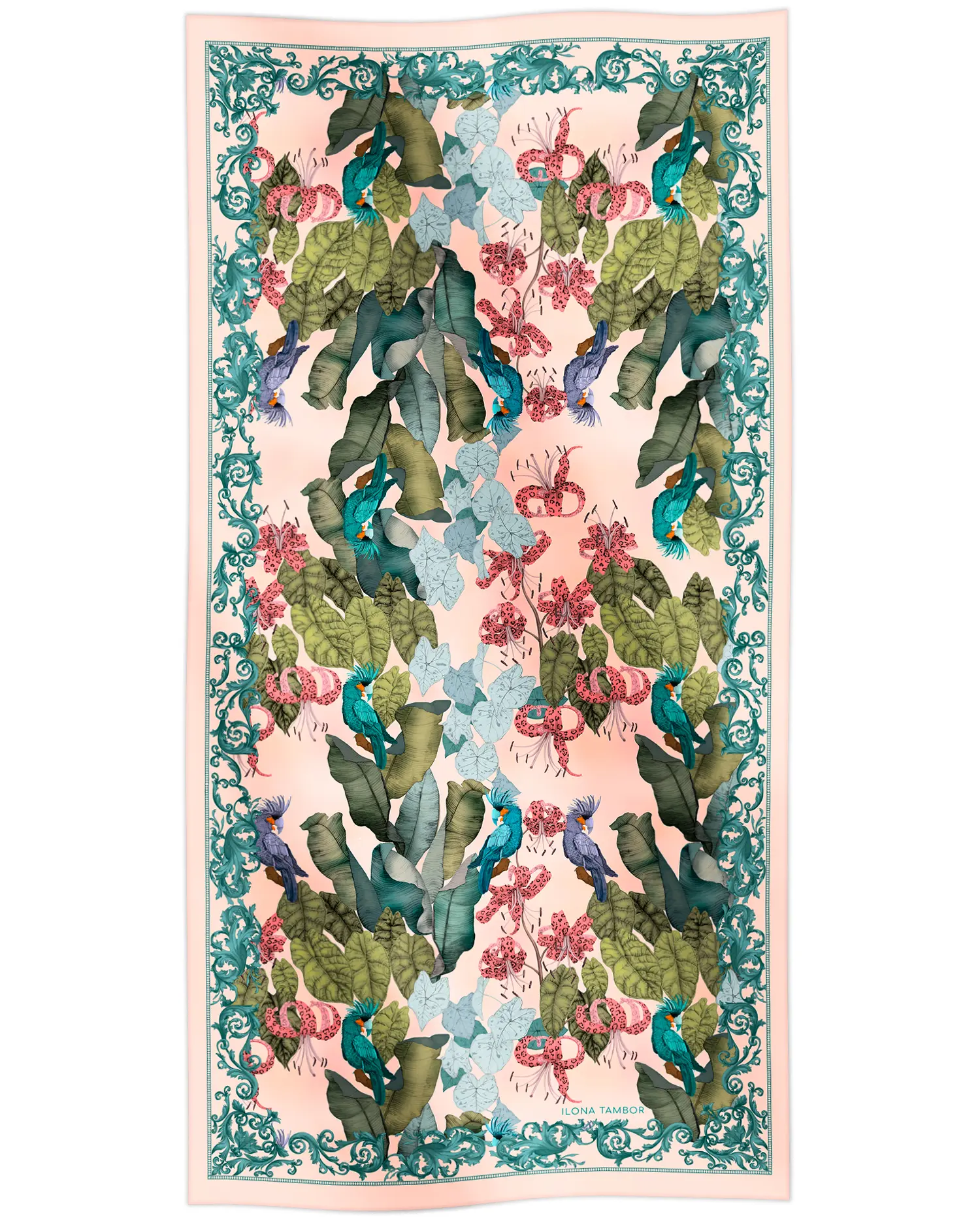 Cotton silk scarf pink with tropical flowers and birds design, Ilona Tambor